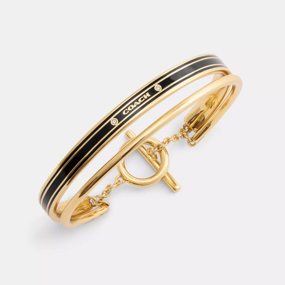 NWT! Coach enamel double bangle bracelet in black and gold. Authentic - Picture 1 of 3